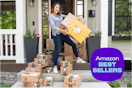 amazon boxes on a porch with joanie holding amazon packages