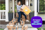 amazon boxes on a porch with joanie holding amazon packages