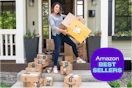 amazon boxes on a porch with joanie holding amazon packages