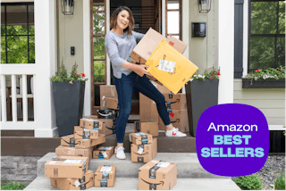 amazon boxes on a porch with joanie holding amazon packages
