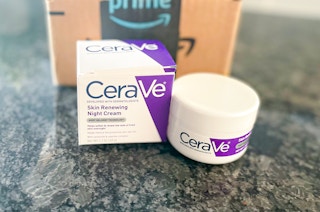cerave night renewing-cream in front of an amazon prime box