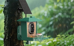 a bird feeder on a tree in the rain