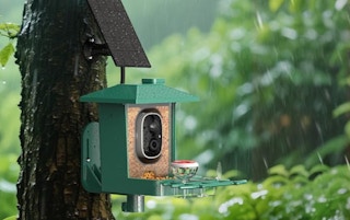 a bird feeder on a tree in the rain