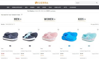 A screenshot of the search results for Crocs on the Sierra Trading Post website.