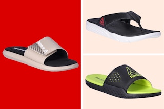 Three different styles of men's Reebok sandals (slides and thong)