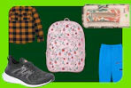 toddler shacket, kids' backpack, women's sneaker, kids' joggers, and hair clip