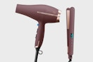 a plum-colored hair dryer and flat iron
