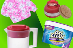 Hello Kitty kids' jacket, Rubbermaid pitcher, Oxi Clean powders, Better Homes & Garden jar candle