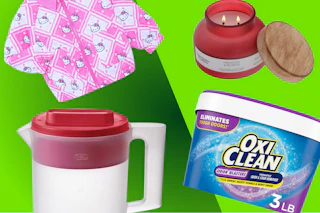 Hello Kitty kids' jacket, Rubbermaid pitcher, Oxi Clean powders, Better Homes & Garden jar candle