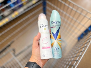 Dove and Degree Dry Spray Deodorant products held over Walmart shopping cart