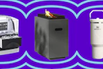 ice maker, black fire table, and Stanely tumbler