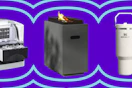 ice maker, black fire table, and Stanely tumbler