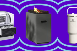 ice maker, black fire table, and Stanely tumbler