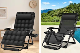 2 lifestyle images of a black zero gravity chair with cushion (one image with the cushion/one without)
