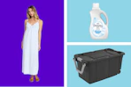 women's maxi dress, Downy softener, and Sterilite storage tote