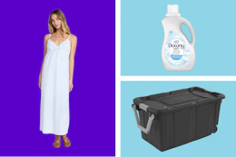 women's maxi dress, Downy softener, and Sterilite storage tote