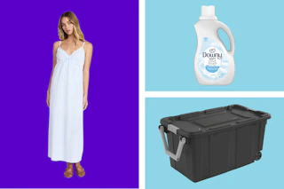 women's maxi dress, Downy softener, and Sterilite storage tote