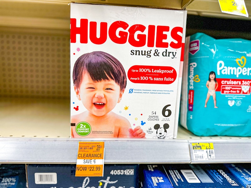 box of huggies diapers with a $22.99 clearance sign