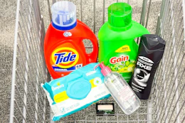 shopping cart with gain, pampers, axe, tide, and garnier products