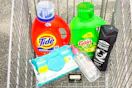 shopping cart with gain, pampers, axe, tide, and garnier products