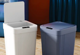 white and blue mini trash cans