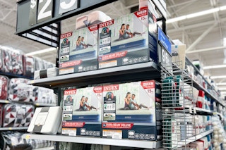 The Intex Queen air mattress on a shelf at Walmart