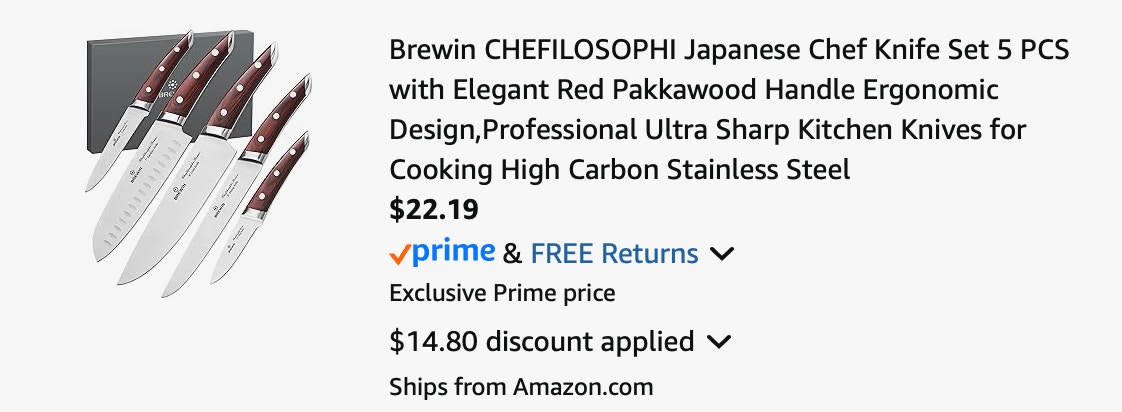 Brewin knife set Amazon receipt