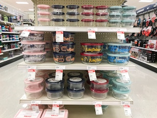 pyrex glass storage on a target shelf