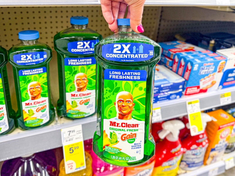 person holding a bottle of mr clean by the shelf