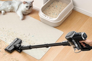 A cordless vacuum vacuums cat litter and m&ms off a rug and floor with a cat and a litter box nearby.