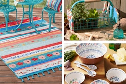 Pioneer Woman outdoor rug, gardening set, and salad bowl set