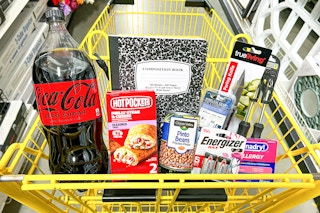 A group of items in a Dollar General shopping cart