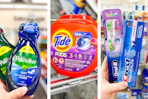 collage image of palmolive dish soap, tide pods, and crest toothpaste