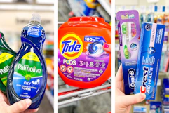 collage image of palmolive dish soap, tide pods, and crest toothpaste