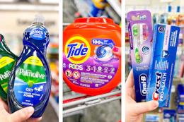 collage image of palmolive dish soap, tide pods, and crest toothpaste