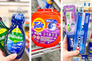 collage image of palmolive dish soap, tide pods, and crest toothpaste