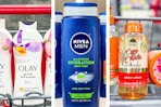 collage image of olay, nivea, and tree hut body wash