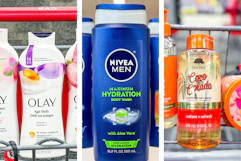collage image of olay, nivea, and tree hut body wash