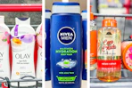 collage image of olay, nivea, and tree hut body wash