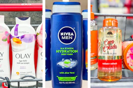 collage image of olay, nivea, and tree hut body wash