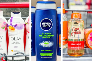 collage image of olay, nivea, and tree hut body wash