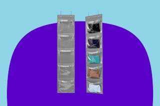 clothing organizers on a blue and purple background