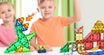 kids playing with dinosaur-themed magnetic tiles
