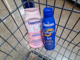 Coppertone Sport & Water Babies Sun Screen products in Walmart shopping cart
