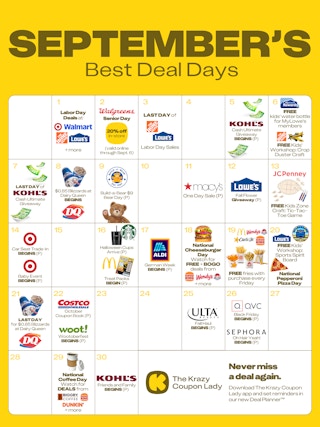 a calendar showing the best deal days to stock up in September
