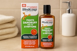Medicasp Anti-Dandruff Shampoo in bathroom