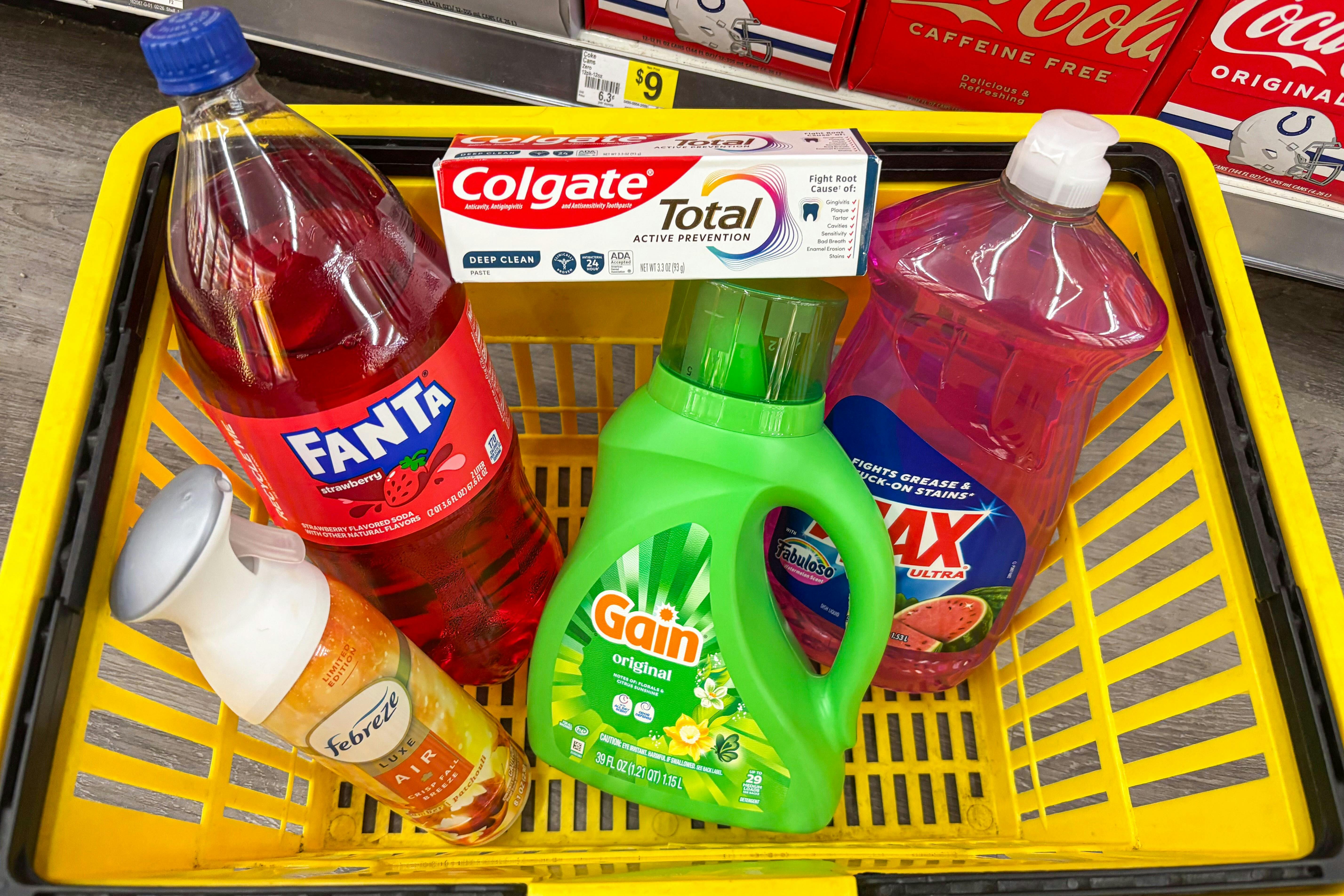 dollar general groceries in yellow shopping basket