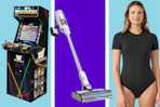 collage with shark vacuum, arcade machine, person wearing a bodysuit