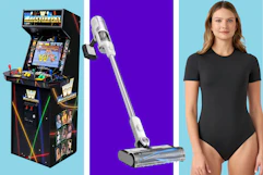 collage with shark vacuum, arcade machine, person wearing a bodysuit