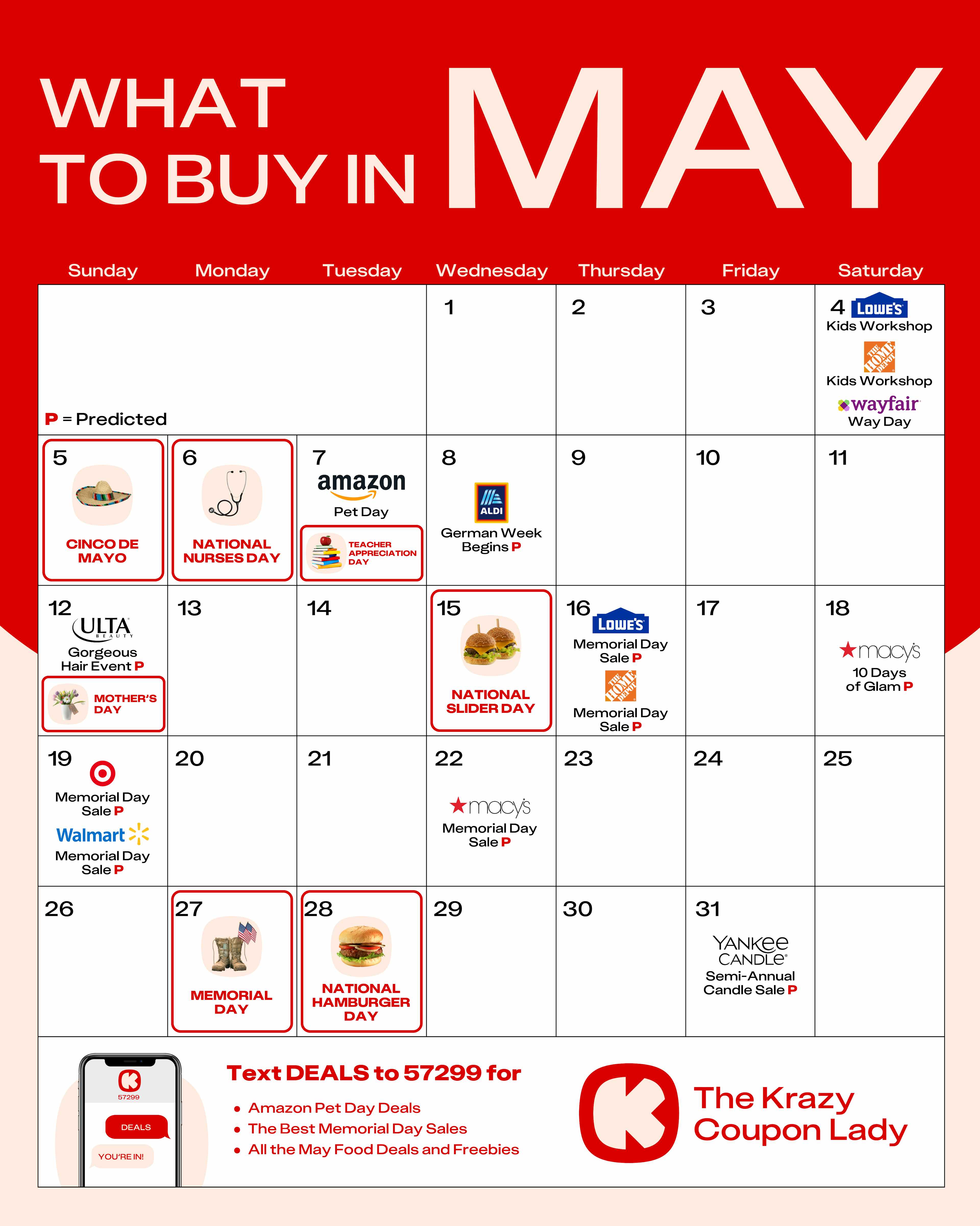 a retail event calendar for May 2024, highlighting all of the sales and special events throughout the month